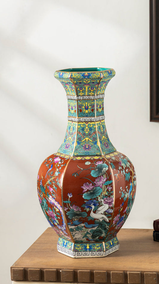 Midnight Bird Motifs Cloisonné Vase - Red