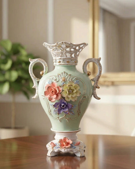 Vintage Floral Porcelain Vase with Handles - Sky Blue