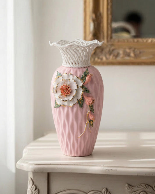 Lattice Rim Porcelain Vase - Pink